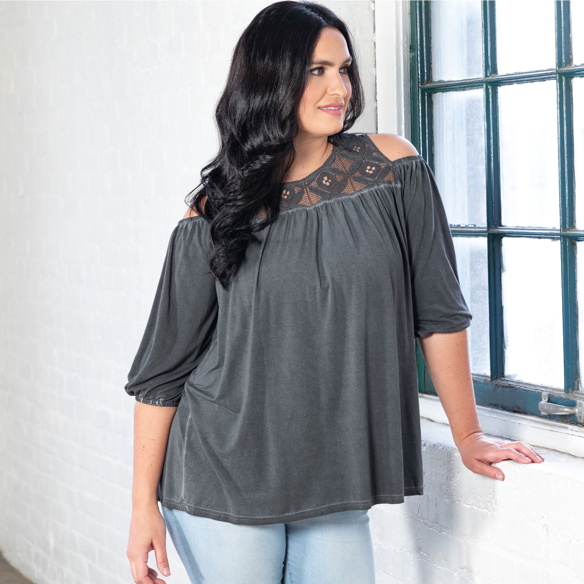 Cold Shoulder Juliet Sleeve Top - Aaria Tees Aaria Tees
