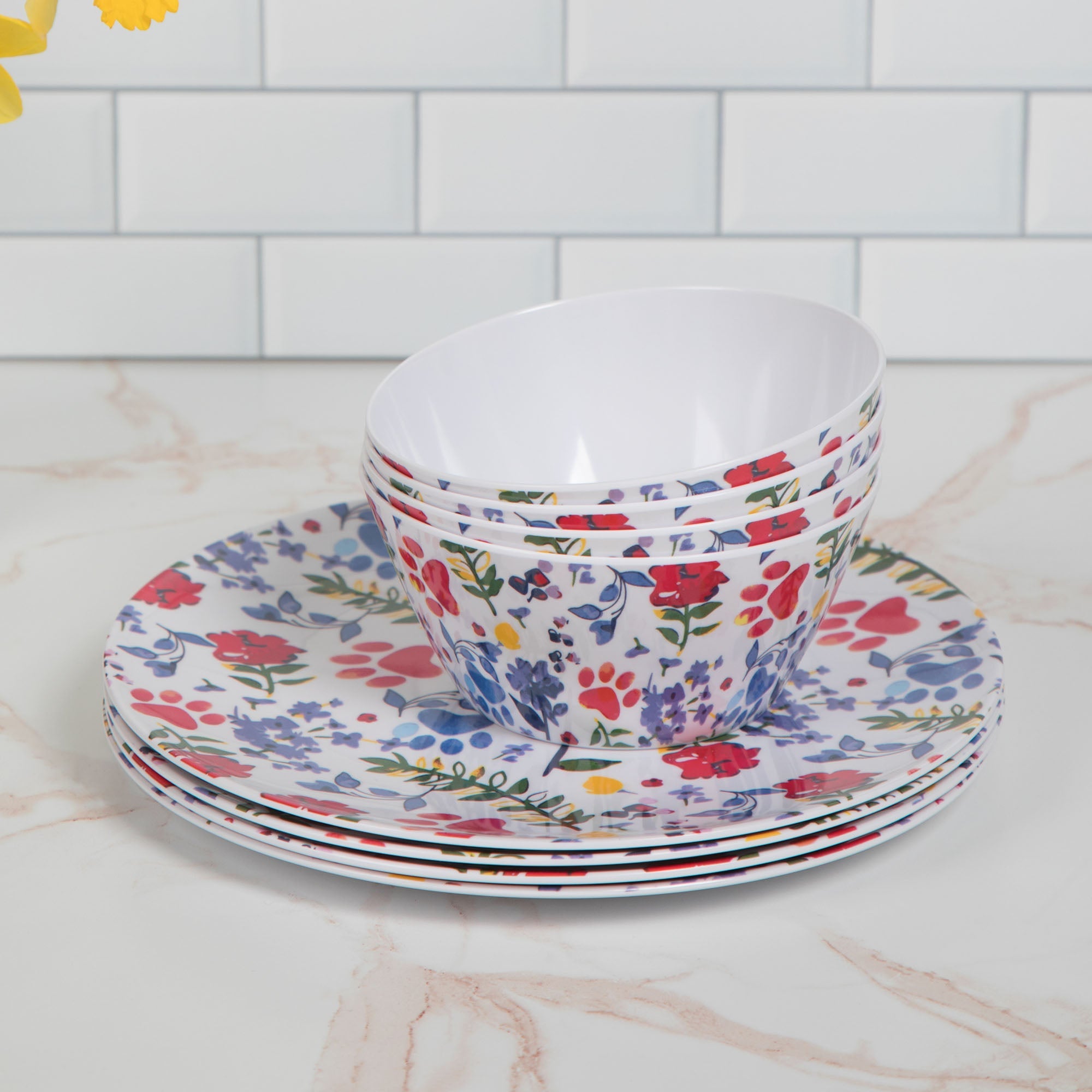 Flower Garden Paws Melamine Dinnerware Set - Set of 4 - Aaria Tees Aaria Tees