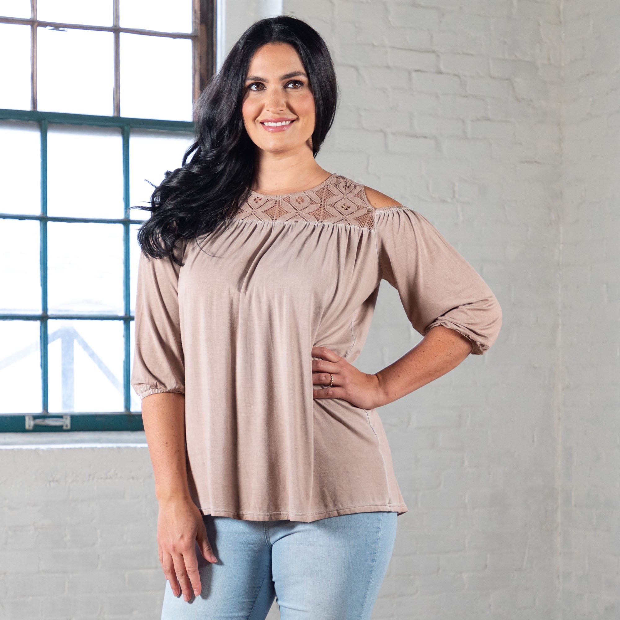 Cold Shoulder Juliet Sleeve Top - Aaria Tees Aaria Tees