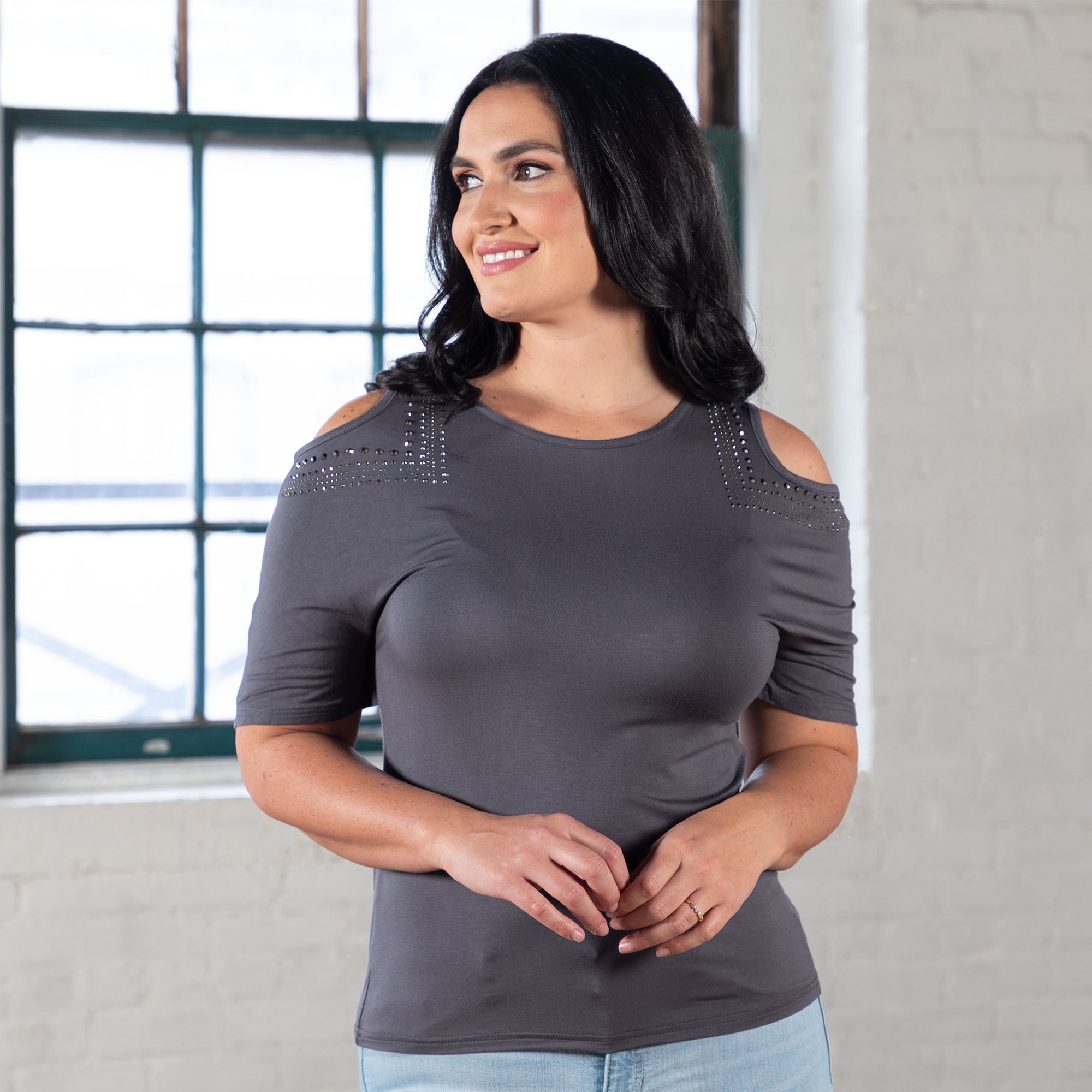 Cold Shoulder Rhinestone Top - Aaria Tees Aaria Tees