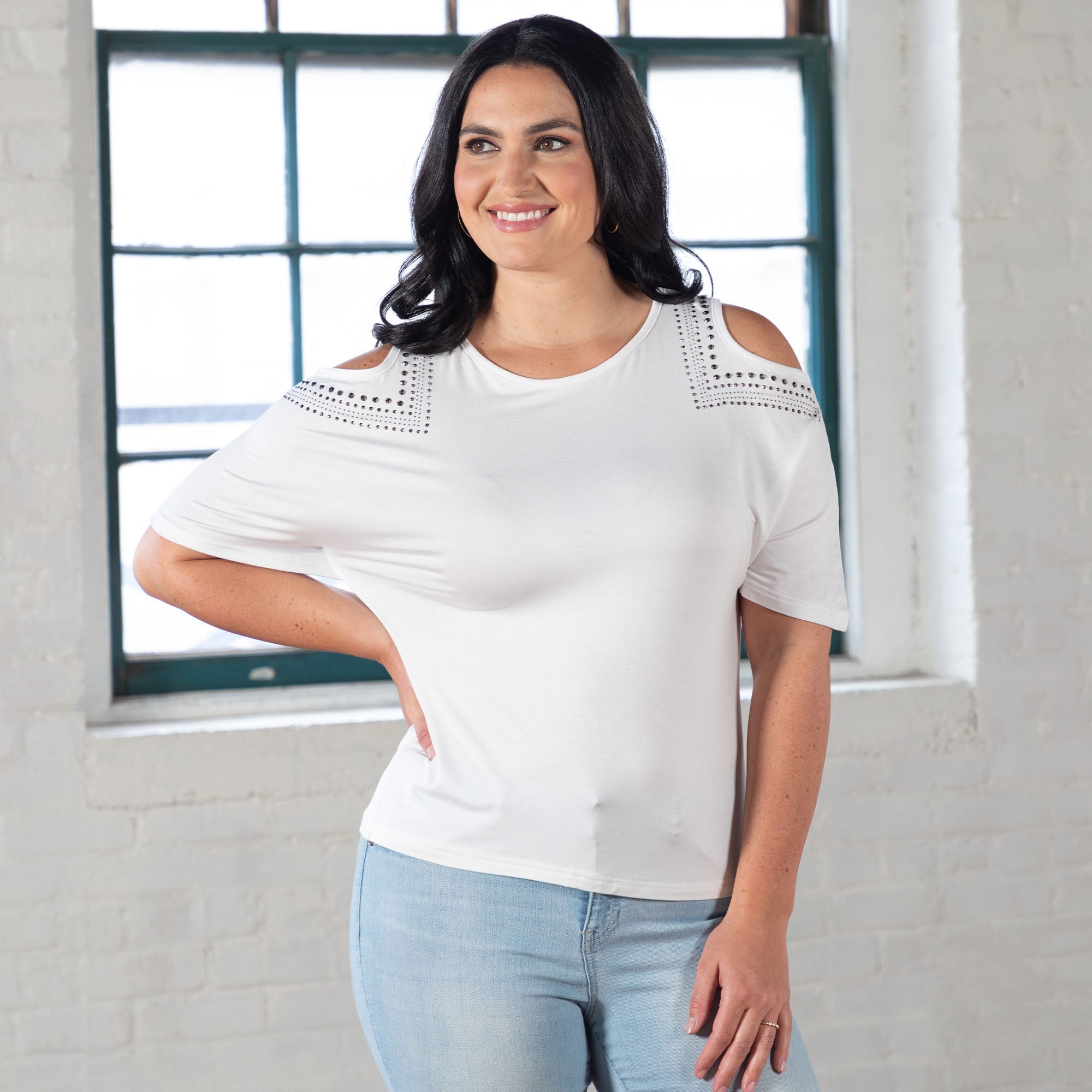 Cold Shoulder Rhinestone Top - Aaria Tees Aaria Tees