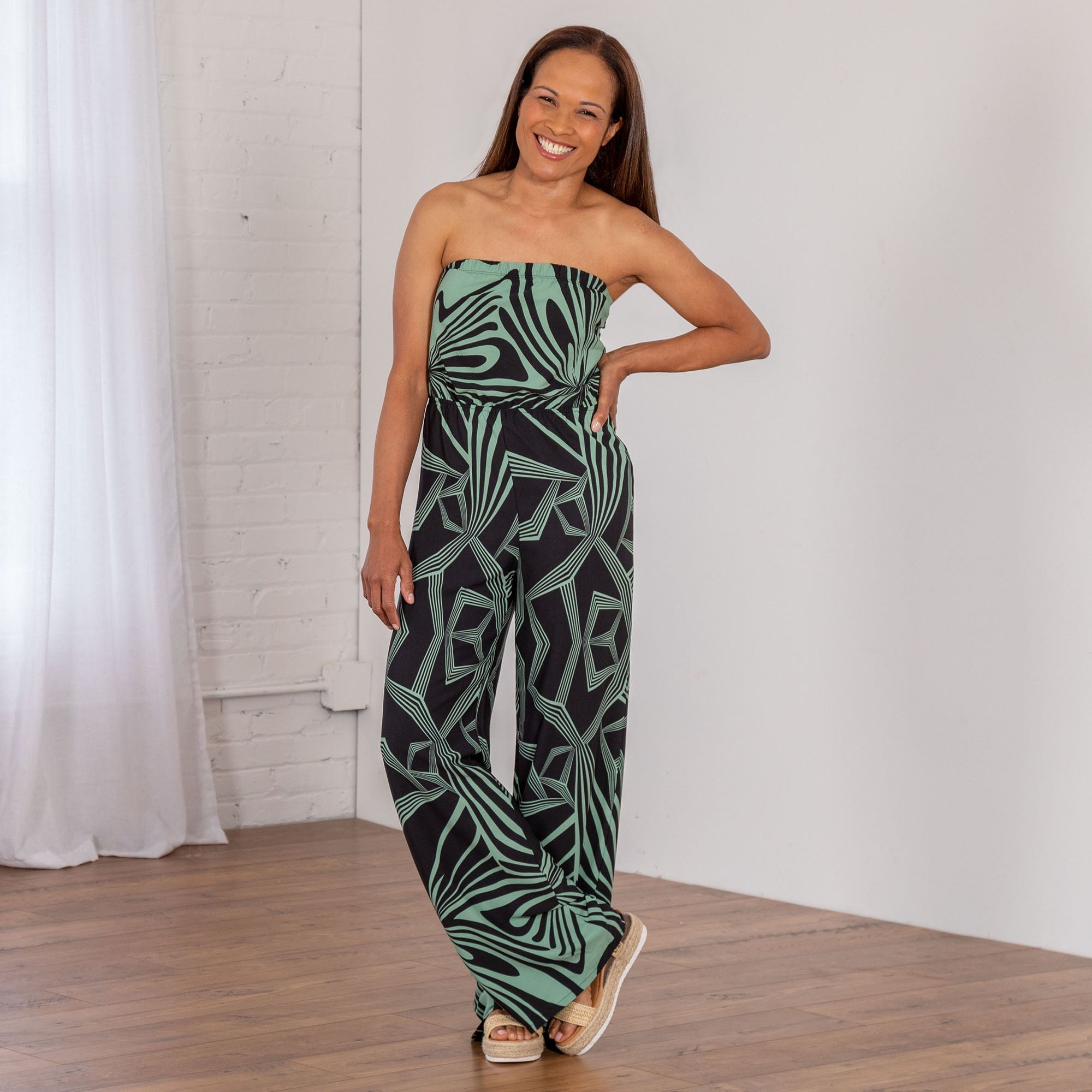 Geo Print Tie Back Strapless Jumpsuit - Aaria Tees Aaria Tees