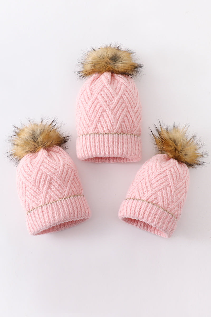 Pink cross cable knit pom pom beanie hat baby toddler adult - Aaria Tees Aaria Tees