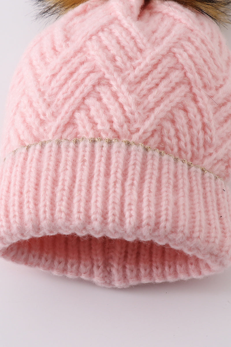Pink cross cable knit pom pom beanie hat baby toddler adult - Aaria Tees Aaria Tees
