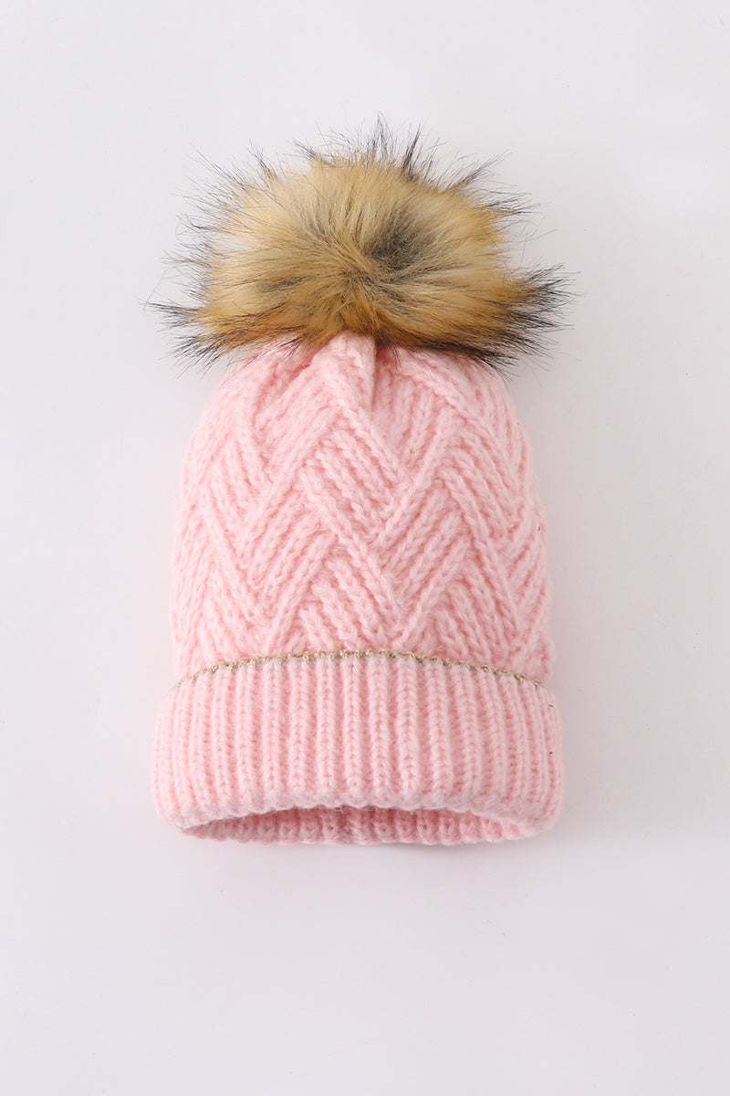 Pink cross cable knit pom pom beanie hat baby toddler adult - Aaria Tees Aaria Tees