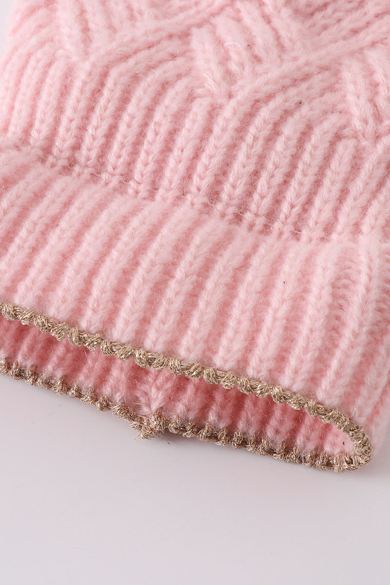 Pink cross cable knit pom pom beanie hat baby toddler adult - Aaria Tees Aaria Tees
