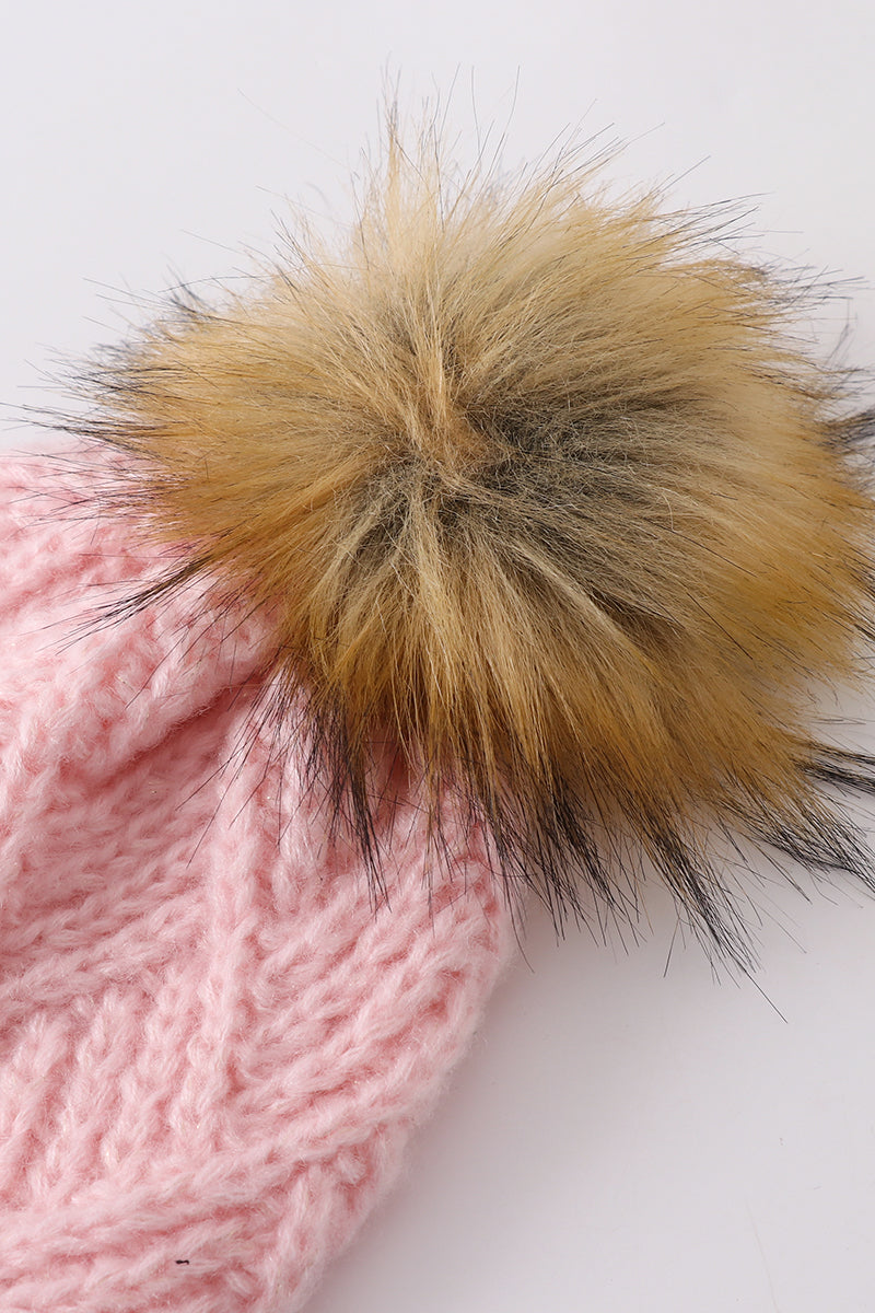 Pink cross cable knit pom pom beanie hat baby toddler adult - Aaria Tees Aaria Tees