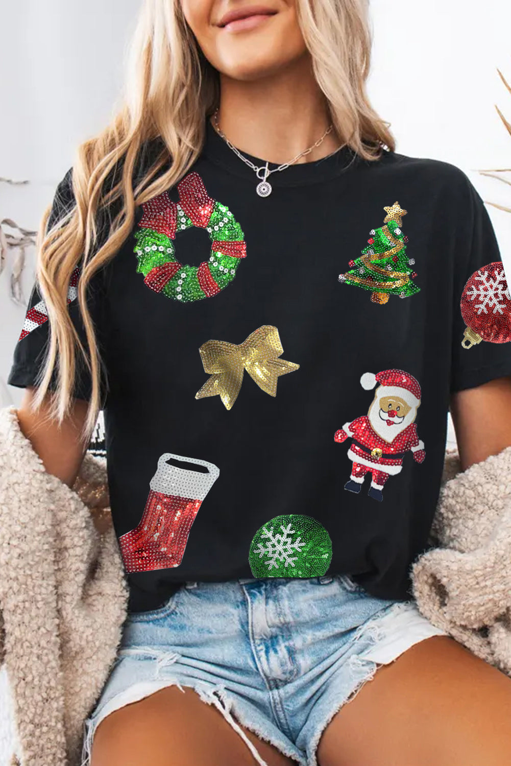 Black Sequin Christmas Essentials Graphic Crewneck T Shirt - Aaria Tees Aaria Tees