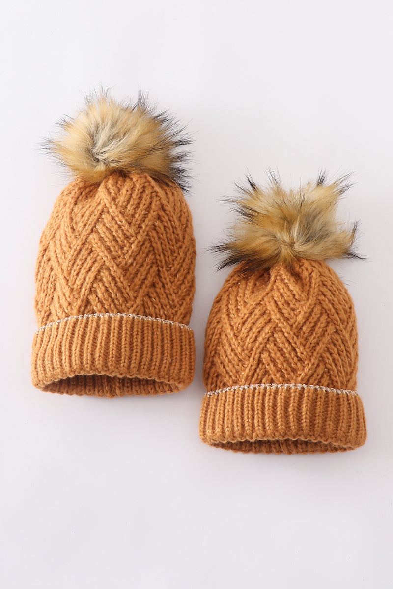 Camel cross cable knit pom pom beanie hat baby toddler adult - Aaria Tees