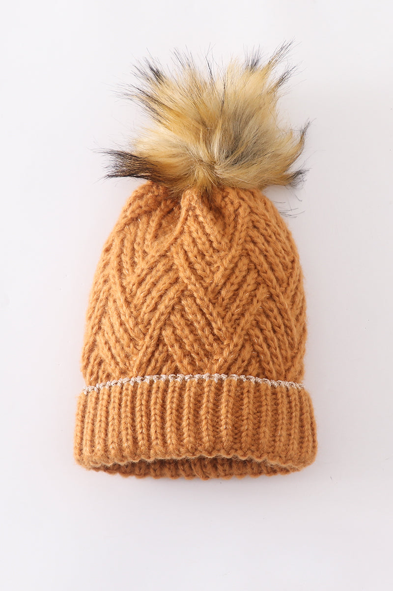 Camel cross cable knit pom pom beanie hat baby toddler adult - Aaria Tees Aaria Tees