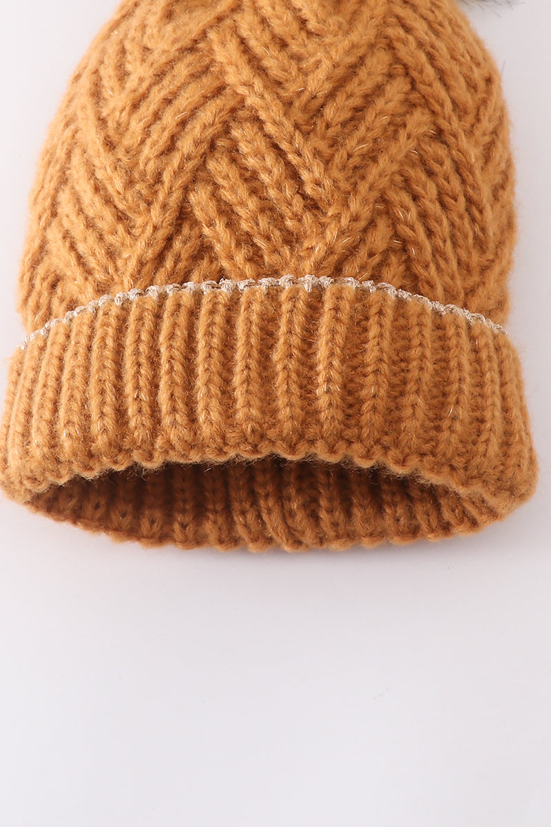Camel cross cable knit pom pom beanie hat baby toddler adult - Aaria Tees Aaria Tees