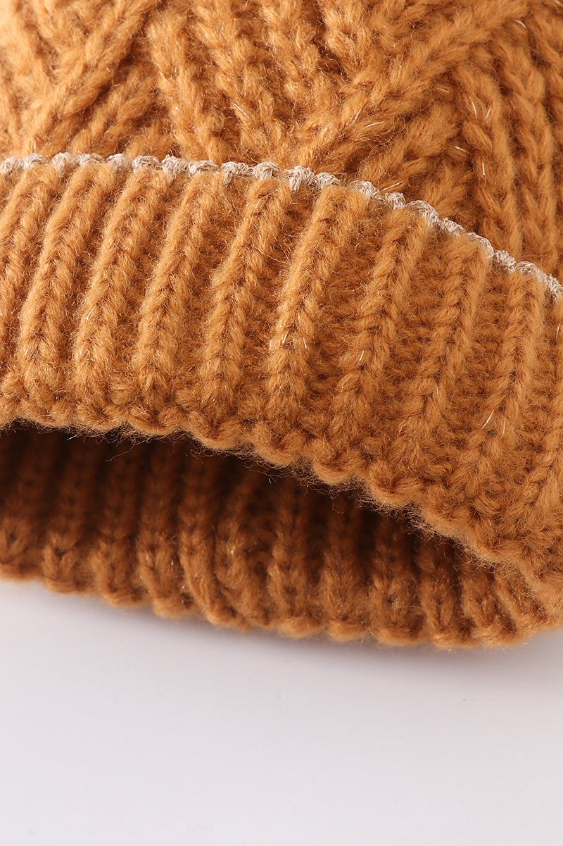 Camel cross cable knit pom pom beanie hat baby toddler adult - Aaria Tees Aaria Tees