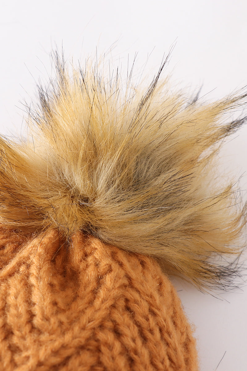 Camel cross cable knit pom pom beanie hat baby toddler adult - Aaria Tees Aaria Tees