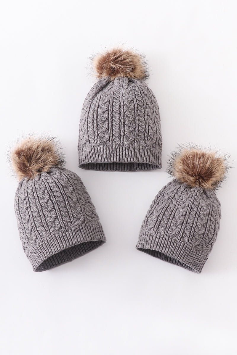 Grey cable knit pom pom beanie hat baby toddler adult - Aaria Tees