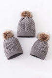 Grey cable knit pom pom beanie hat baby toddler adult - Aaria Tees Aaria Tees