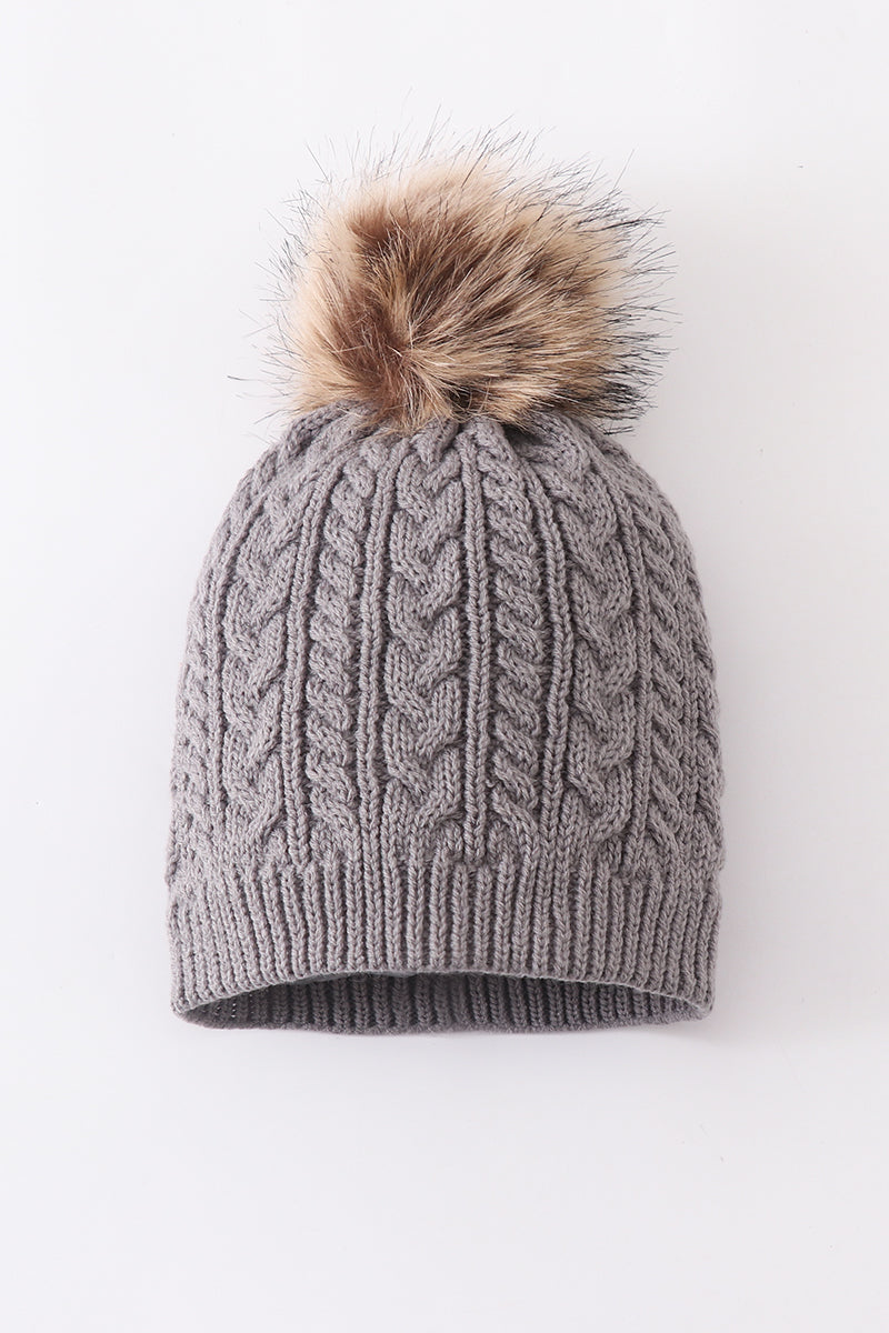 Grey cable knit pom pom beanie hat baby toddler adult - Aaria Tees Aaria Tees