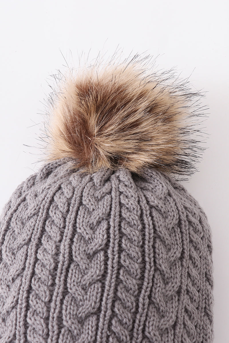 Grey cable knit pom pom beanie hat baby toddler adult - Aaria Tees Aaria Tees