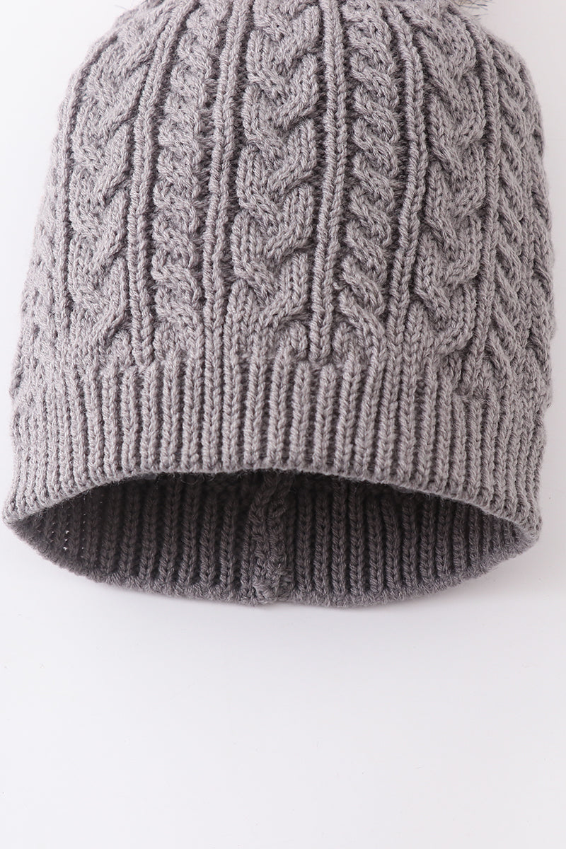 Grey cable knit pom pom beanie hat baby toddler adult - Aaria Tees Aaria Tees