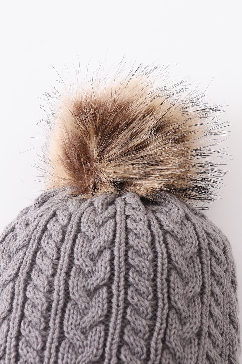 Grey cable knit pom pom beanie hat baby toddler adult - Aaria Tees Aaria Tees