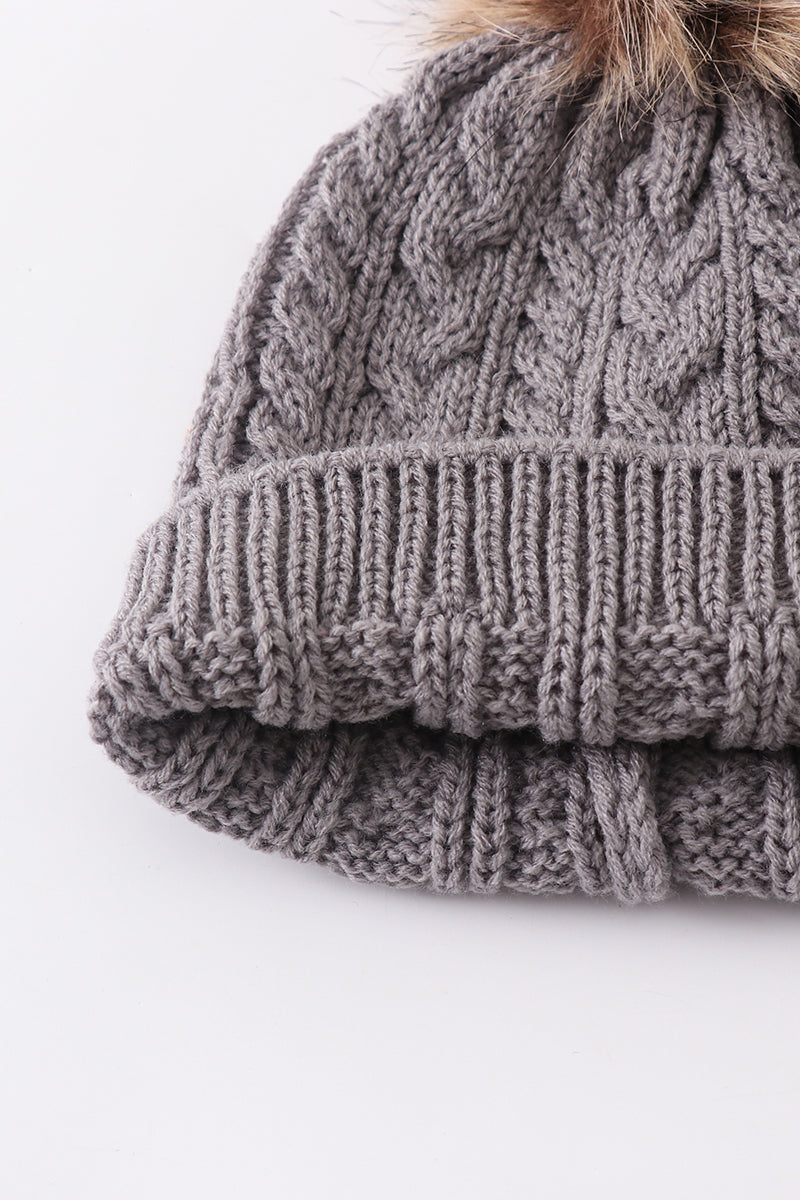 Grey cable knit pom pom beanie hat baby toddler adult - Aaria Tees Aaria Tees