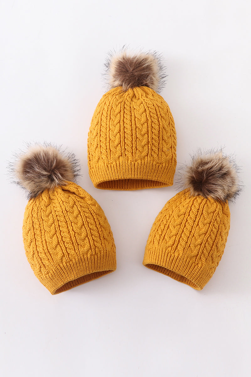 Mustard cable knit pom pom beanie hat baby toddler adult - Aaria Tees