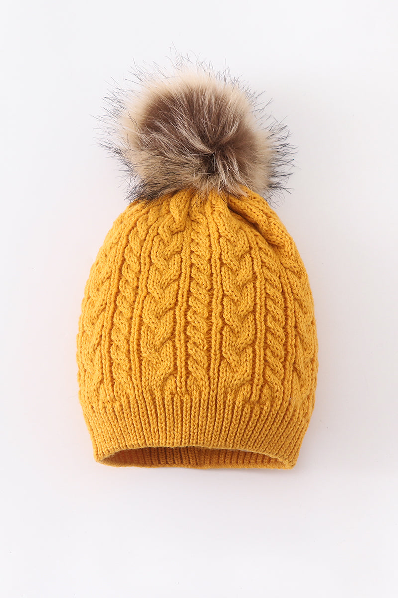 Mustard cable knit pom pom beanie hat baby toddler adult - Aaria Tees Aaria Tees