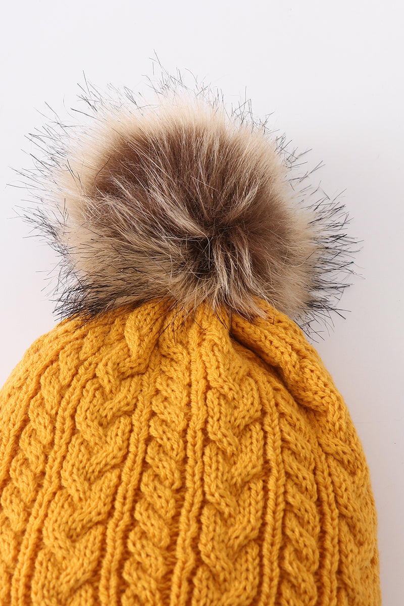 Mustard cable knit pom pom beanie hat baby toddler adult - Aaria Tees Aaria Tees