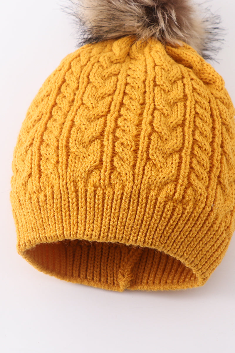 Mustard cable knit pom pom beanie hat baby toddler adult - Aaria Tees Aaria Tees