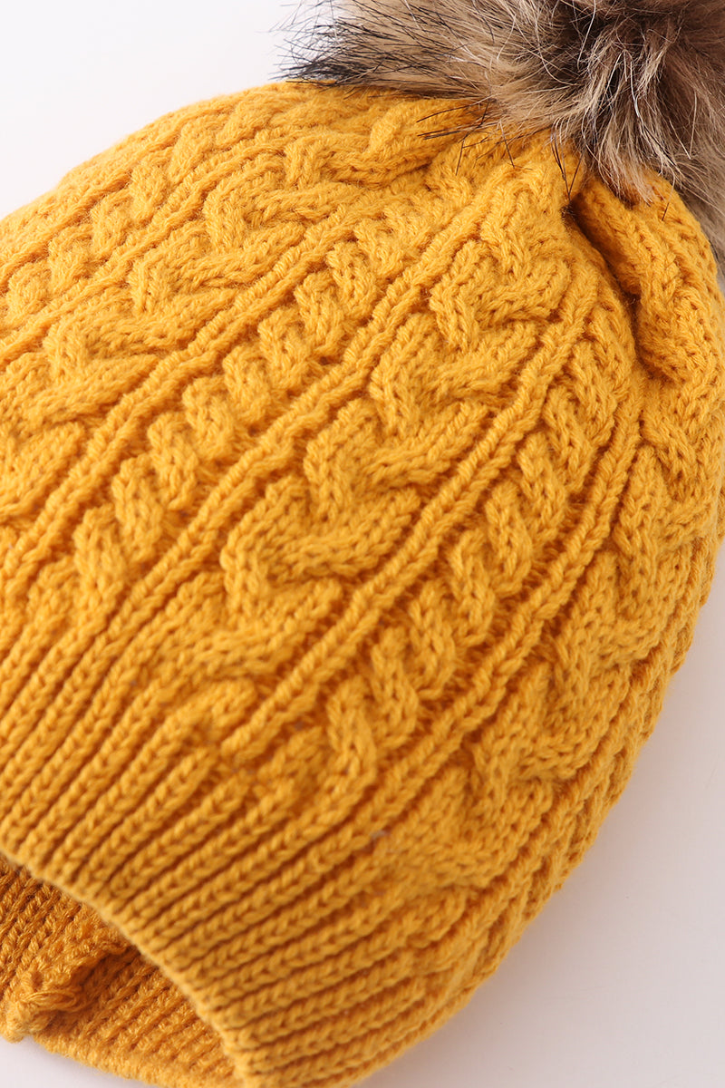 Mustard cable knit pom pom beanie hat baby toddler adult - Aaria Tees Aaria Tees