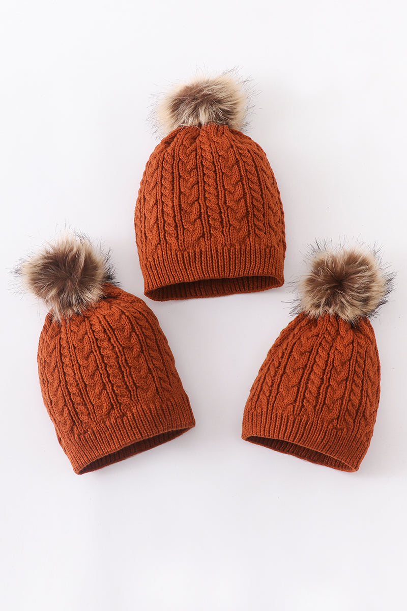 Rust cable knit pom pom beanie hat baby toddler adult - Aaria Tees Aaria Tees