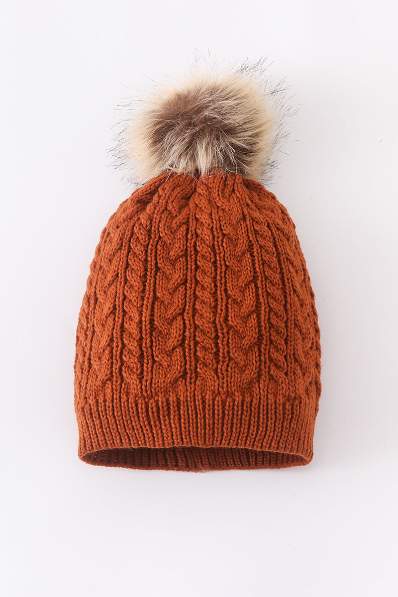 Rust cable knit pom pom beanie hat baby toddler adult - Aaria Tees Aaria Tees