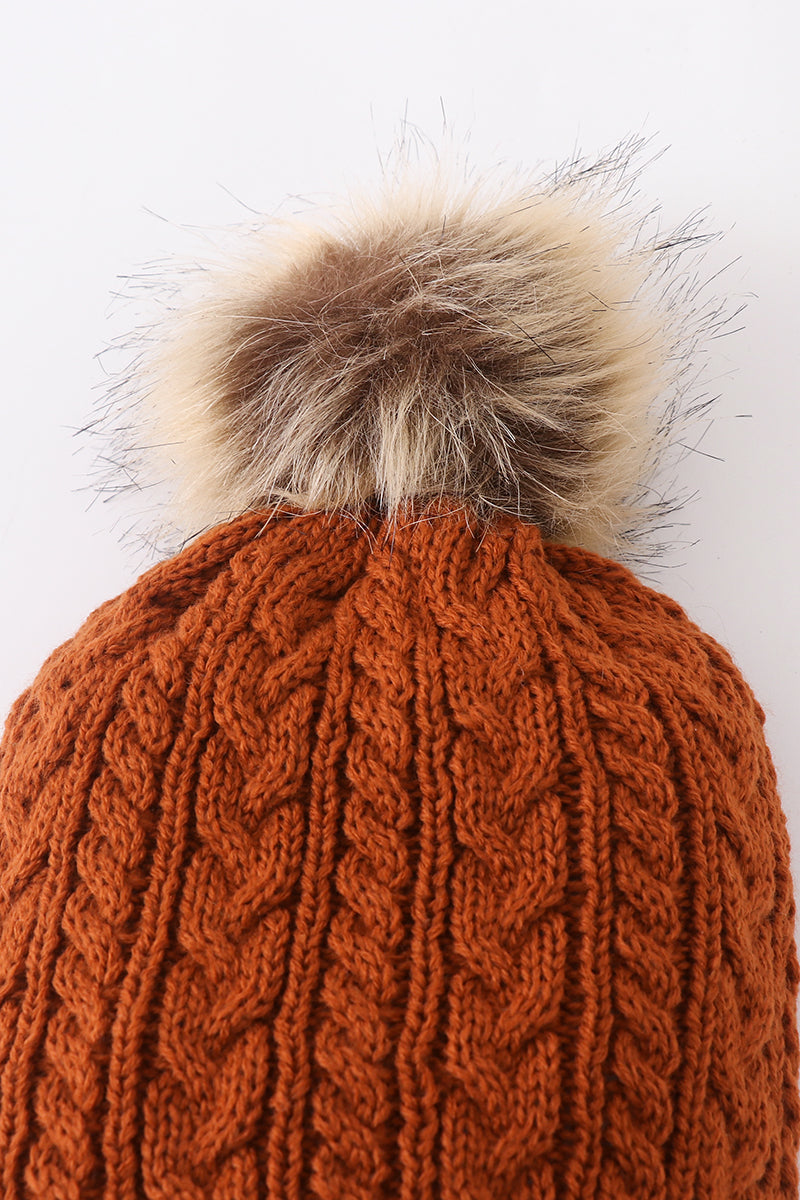 Rust cable knit pom pom beanie hat baby toddler adult - Aaria Tees Aaria Tees