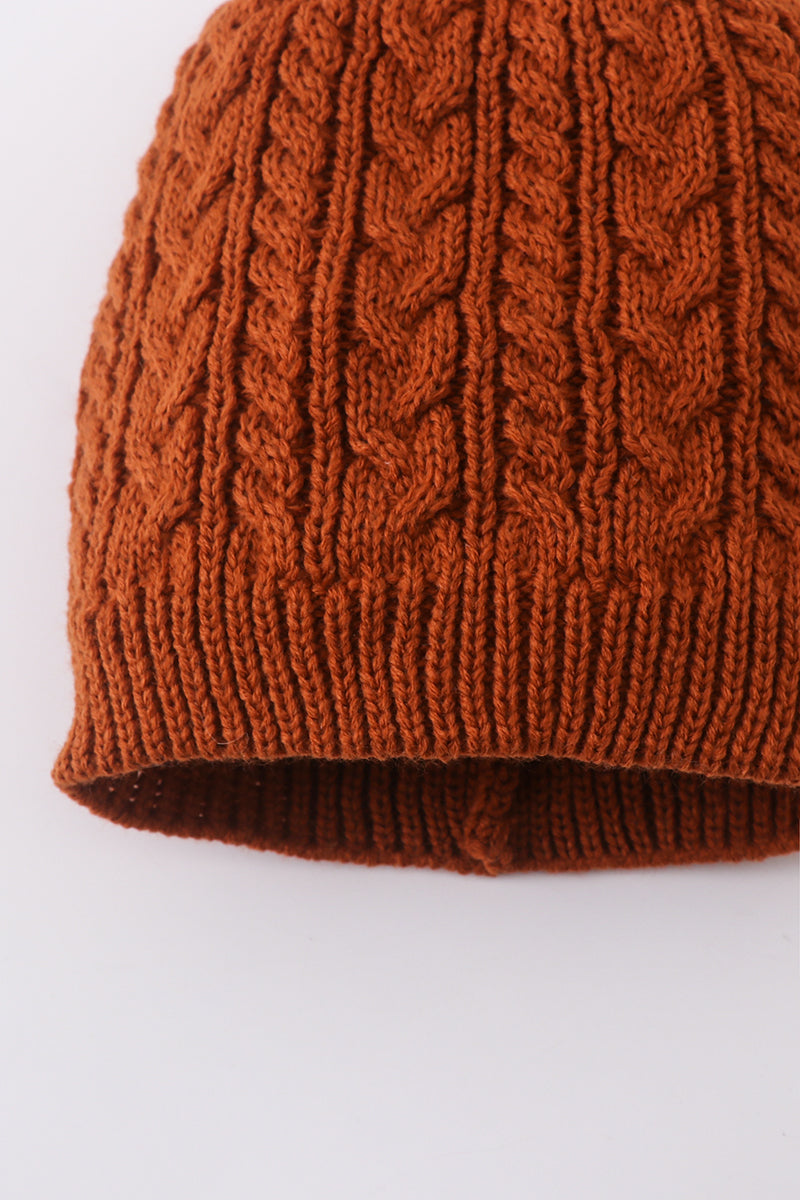 Rust cable knit pom pom beanie hat baby toddler adult - Aaria Tees Aaria Tees