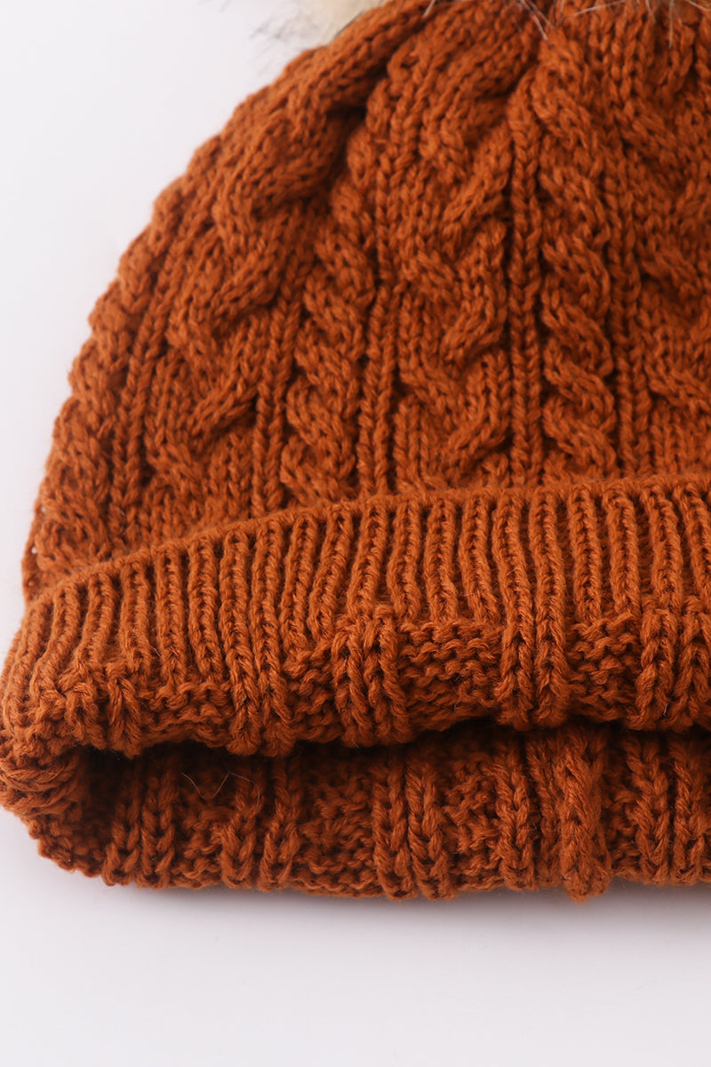 Rust cable knit pom pom beanie hat baby toddler adult - Aaria Tees Aaria Tees