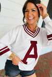 Red Dahlia Chenille Letter A Graphic Varsity Striped V Neck Puff Sleeve Sweatshirt Aaria Tees