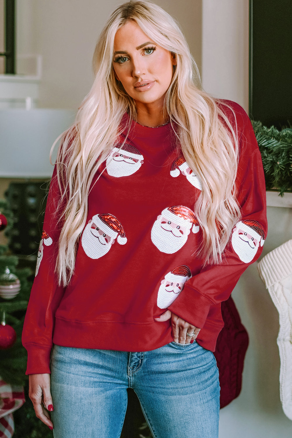 Fiery Red Santa Claus Sequin Graphic Sweatshirt - Aaria Tees Aaria Tees