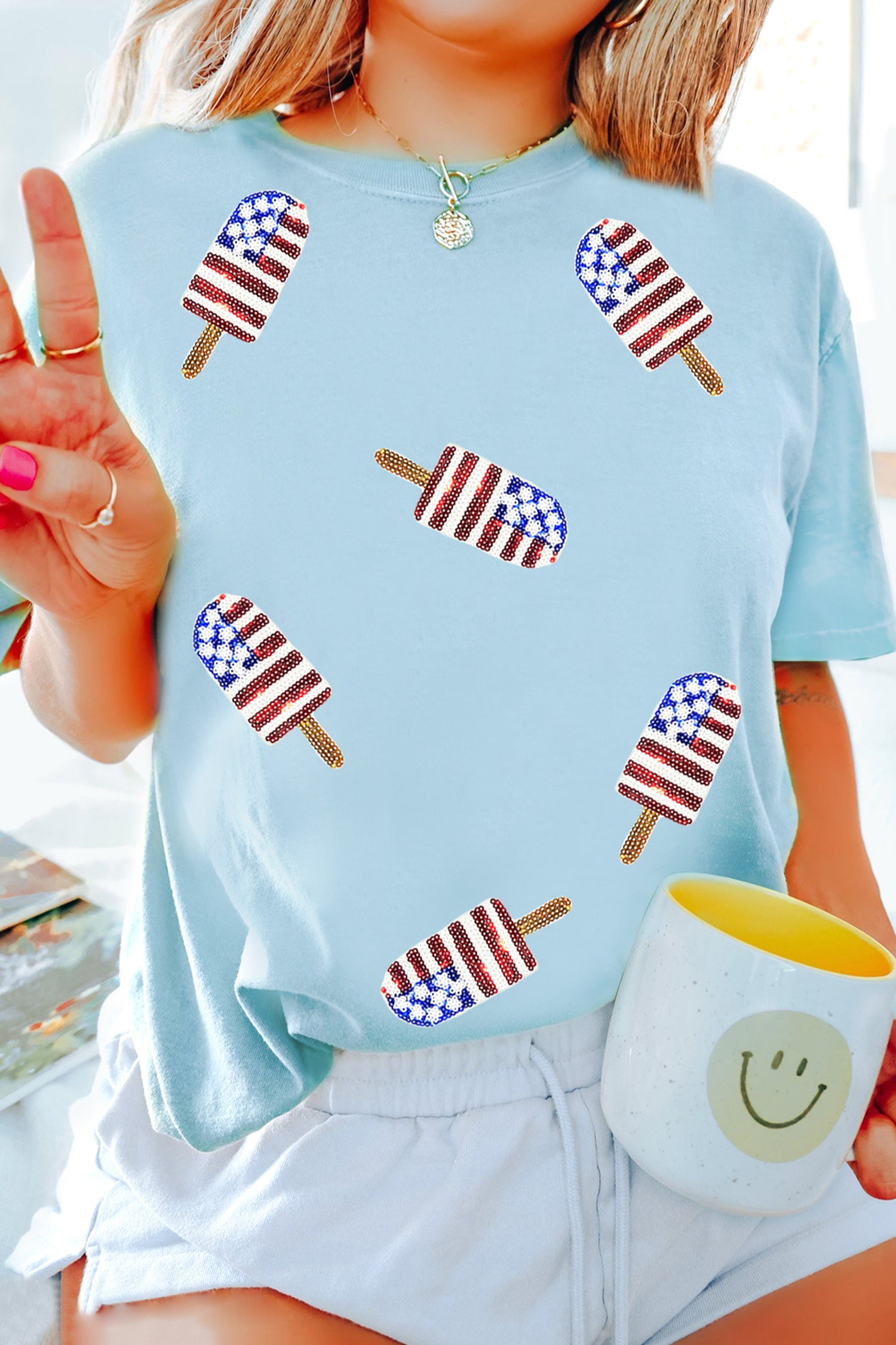 Light Blue Patriotic Sequin Popsicle T Shirt - Aaria Tees Aaria Tees
