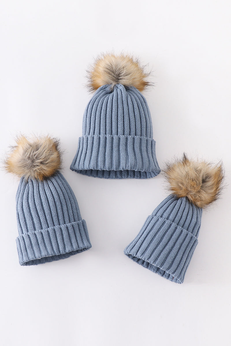 Slate knit pom pom beanie hat baby toddler adult - Aaria Tees