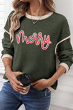 Four Leaf Clover Merry Patched Graphic Contrast Trim Christmas Knitted Long Sleeve Top Aaria Tees
