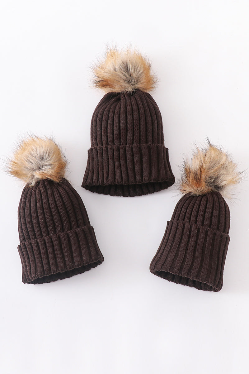 Brown knit pom pom beanie hat baby toddler adult - Aaria Tees