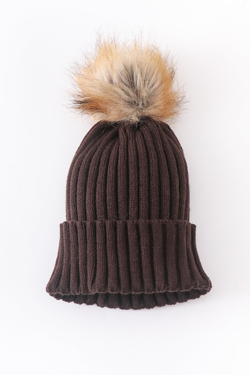 Brown knit pom pom beanie hat baby toddler adult - Aaria Tees Aaria Tees