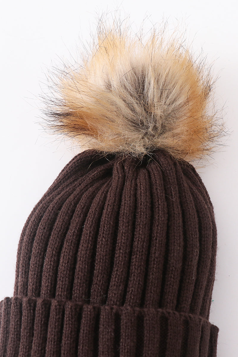 Brown knit pom pom beanie hat baby toddler adult - Aaria Tees Aaria Tees