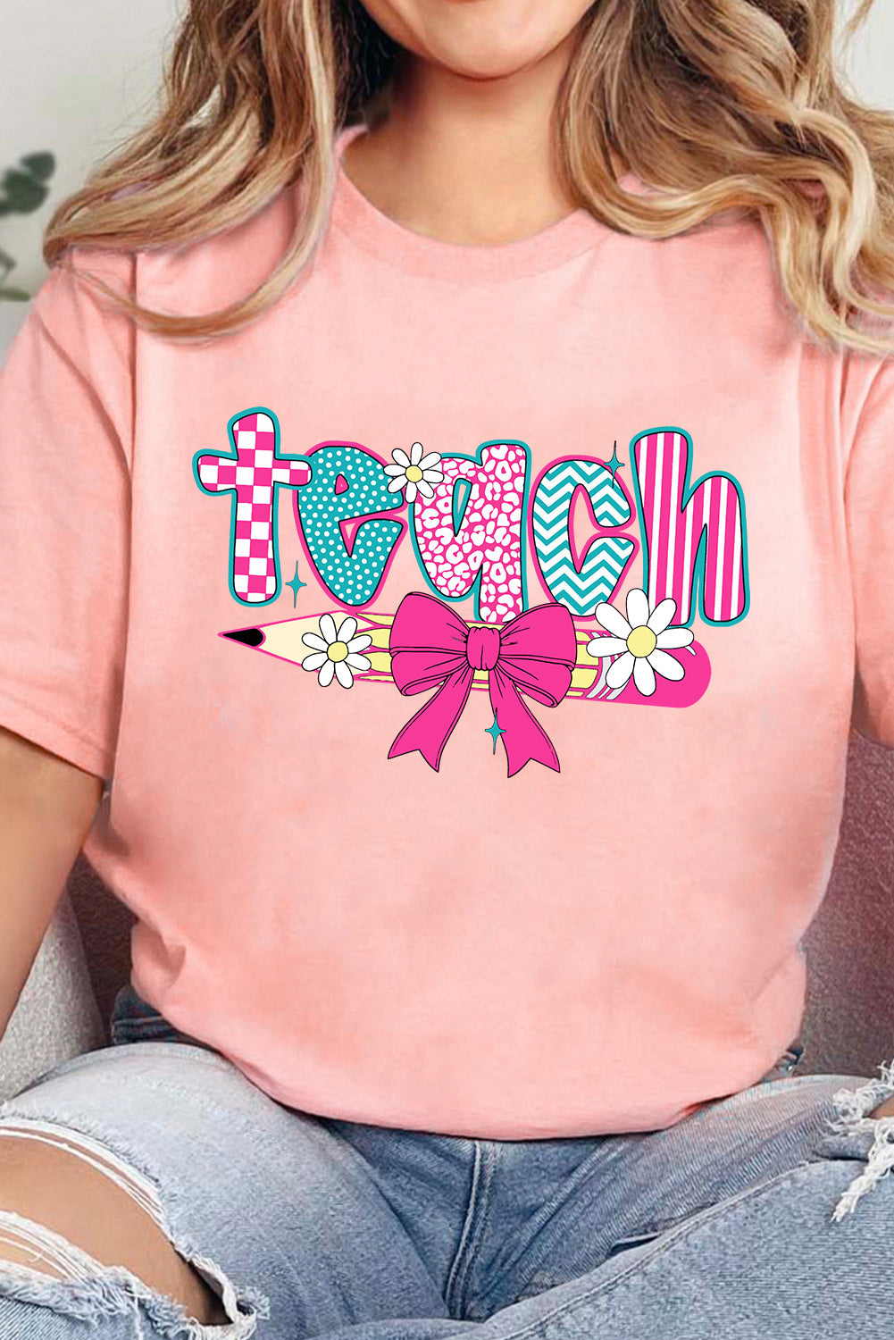 Pink Preppy Retro Checkered Coquette Teach Graphic T-Shirt - Aaria Tees Aaria Tees