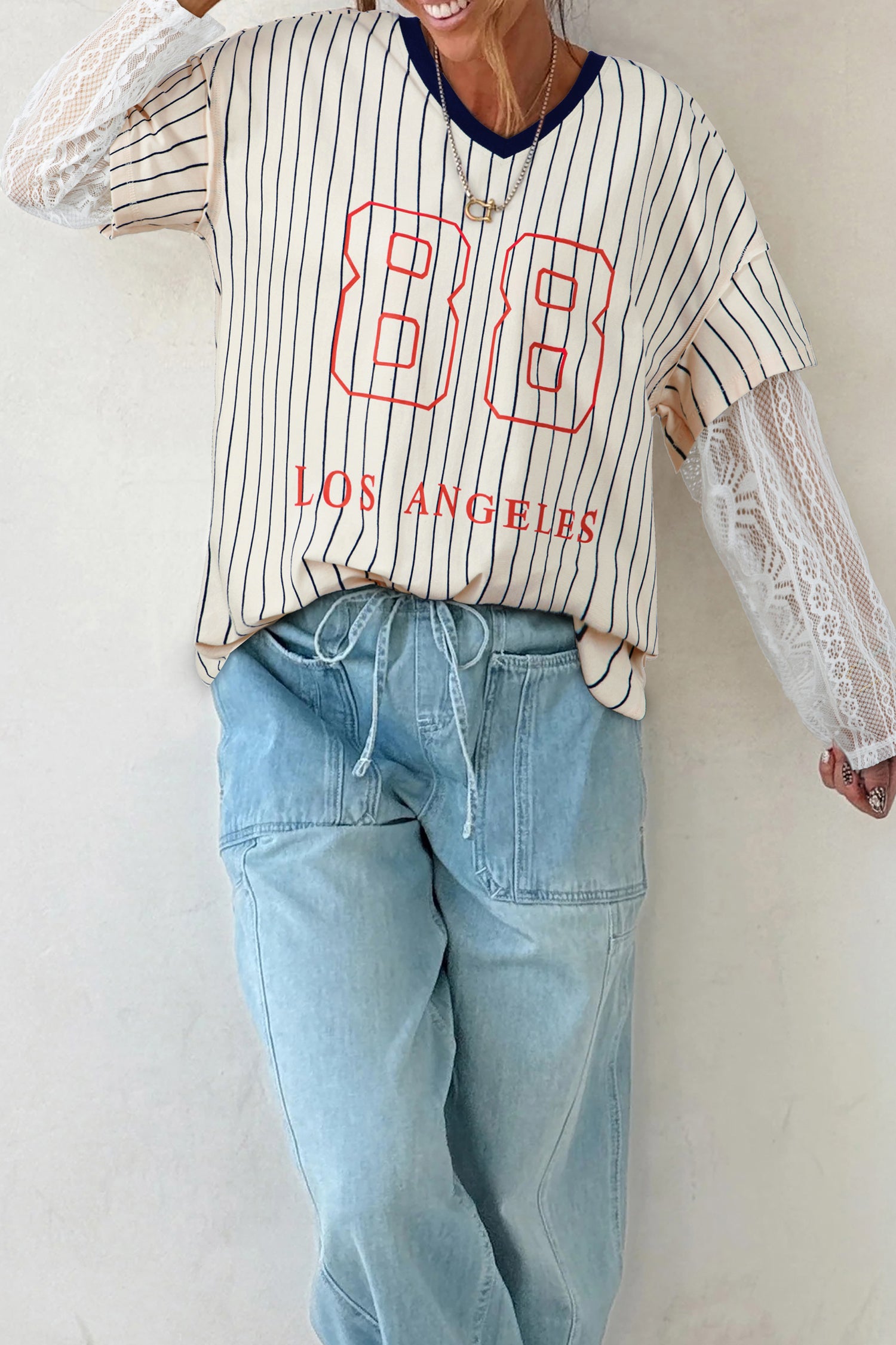 Blue Stripe 88 LOS ANGEL Graphic Lace Patchwork Faux Two Piece V Neck Top - Aaria Tees Aaria Tees