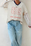 Blue Stripe 88 LOS ANGEL Graphic Lace Patchwork Faux Two Piece V Neck Top - Aaria Tees Aaria Tees