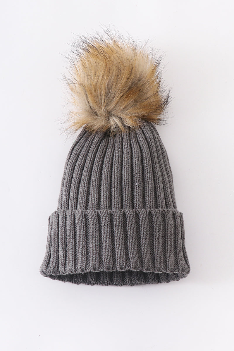 Grey knit pom pom beanie hat baby toddler adult - Aaria Tees Aaria Tees