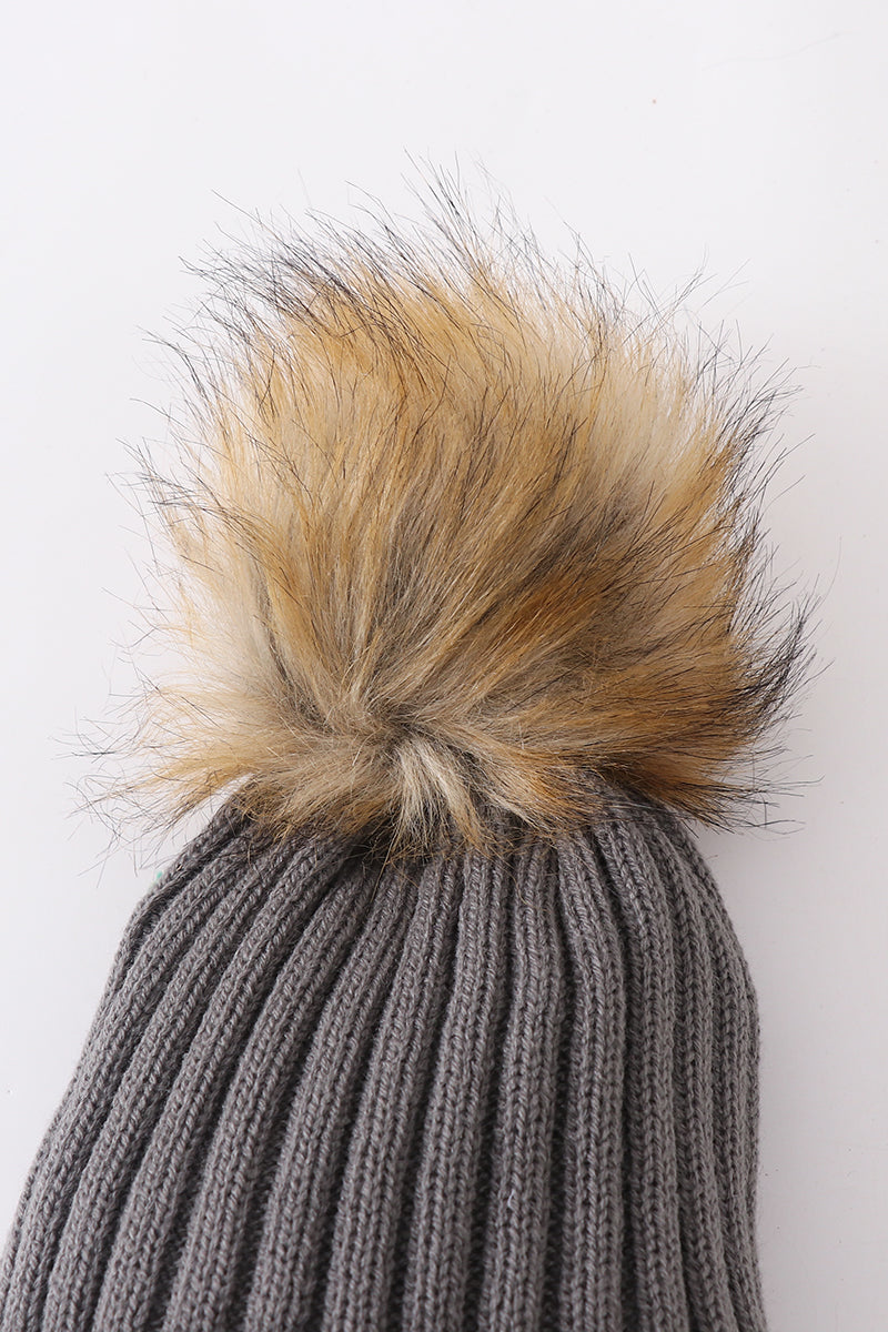 Grey knit pom pom beanie hat baby toddler adult - Aaria Tees Aaria Tees