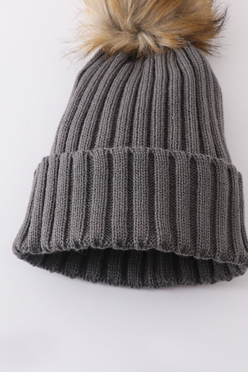 Grey knit pom pom beanie hat baby toddler adult - Aaria Tees Aaria Tees