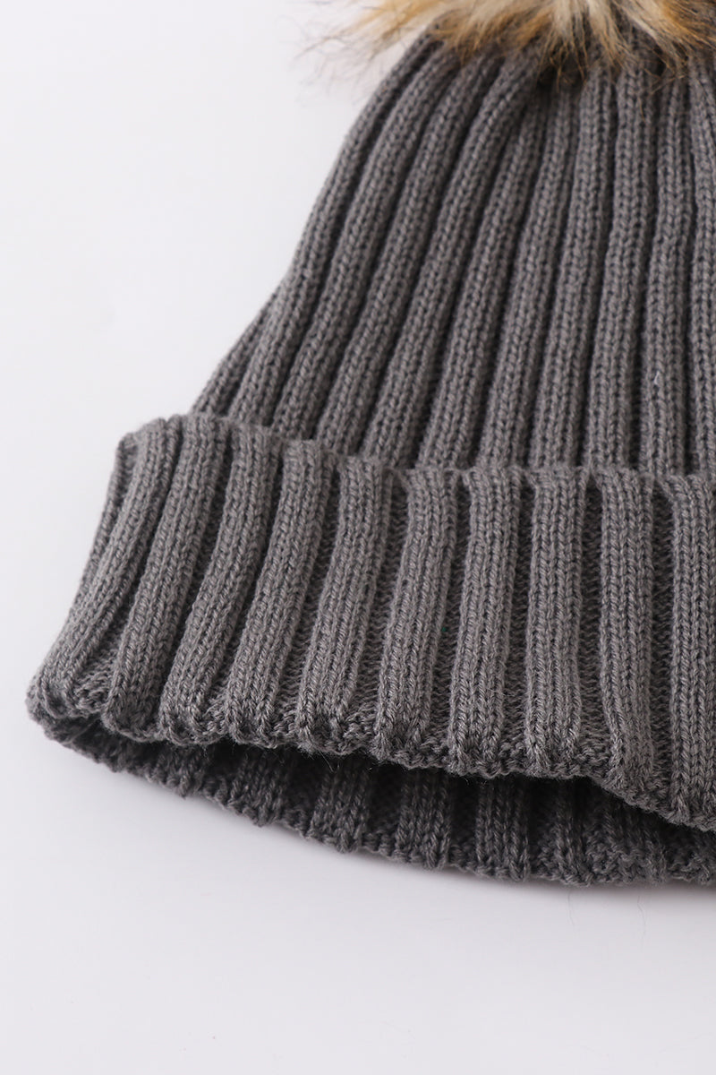 Grey knit pom pom beanie hat baby toddler adult - Aaria Tees Aaria Tees