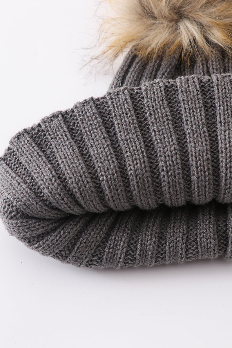 Grey knit pom pom beanie hat baby toddler adult - Aaria Tees Aaria Tees